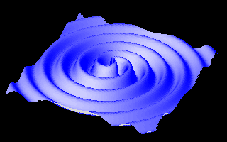 Model gravitačních vln generovaných orbitem dvou obíhajících neutronových hvězd.